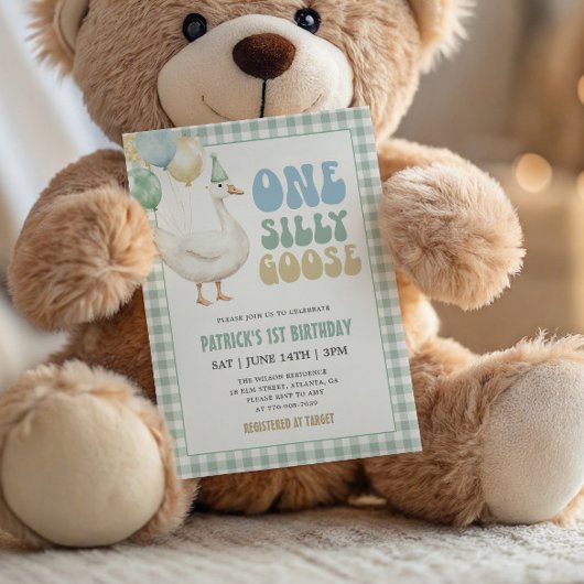 sage green ギンガム One Silly Goose 1歳の誕生日 招待状