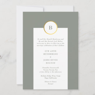 sage green & ゴールドの箔押し円形モノグラム結婚式 招待状