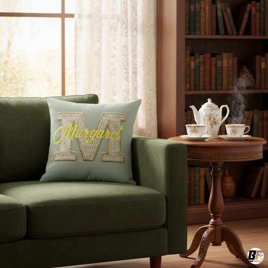 Sage Green バーシティレター M モノグラム 名前 クッション