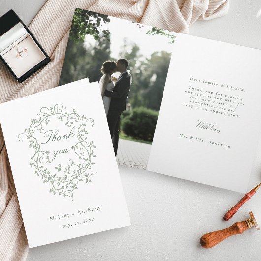 Sage Green フランスのフローラクレスト結婚の写真 サンキューカード