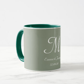 sage green&ホワイト エレガント モノグラムイニシャル 名前 マグカップ
