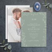 Sage Green ミニマル Leaf Photo Monogram結婚's 招待状