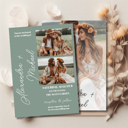 Sage Green ミニマル Overlay Photo結婚's 招待状