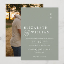Sage Green モダン Monogram Photo結婚's 招待状