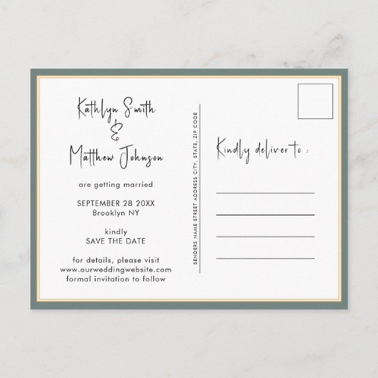 Sage Green モダン Photo Minimalist結婚の救Th 案内ポストカード (裏面)