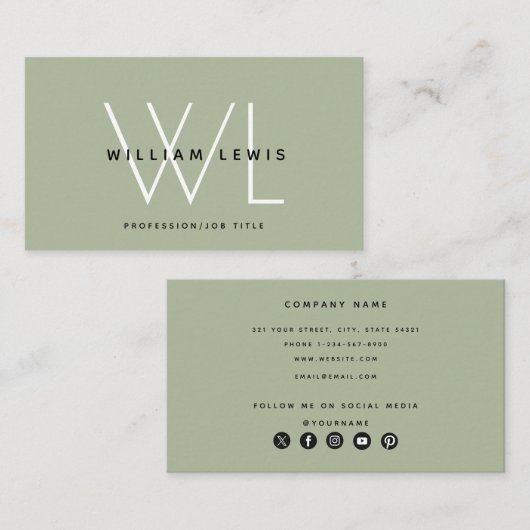 Sage Green モダン Social Mediaアイコン 名刺 (正面/裏面)