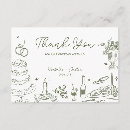 sage green 手描きのウィームジカルな結婚式のお礼 エンクロージャーカード (正面)