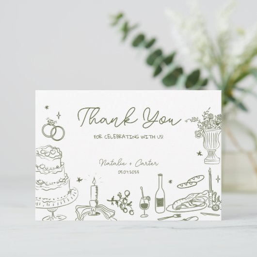 sage green 手描きのウィームジカルな結婚式のお礼 エンクロージャーカード (スタンド正面)