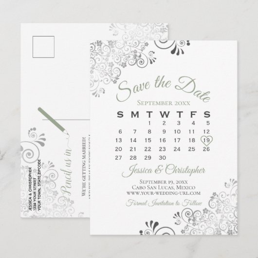 sage green & 白の結婚式 Save the Date カレンダー 案内ポストカード (正面/裏面)