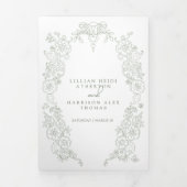 Sage Green（紋章の）フラ・ダ・リ結婚の食事オプションRSVP 三つ折り招待状 (カバー)