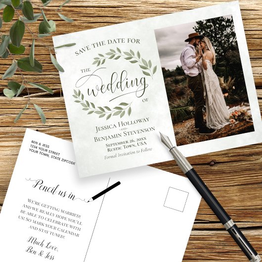 Sage Green 葉 & Photo Wedding Save the Date 案内ポストカード