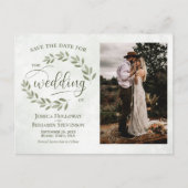 Sage Green 葉 & Photo Wedding Save the Date 案内ポストカード (正面)