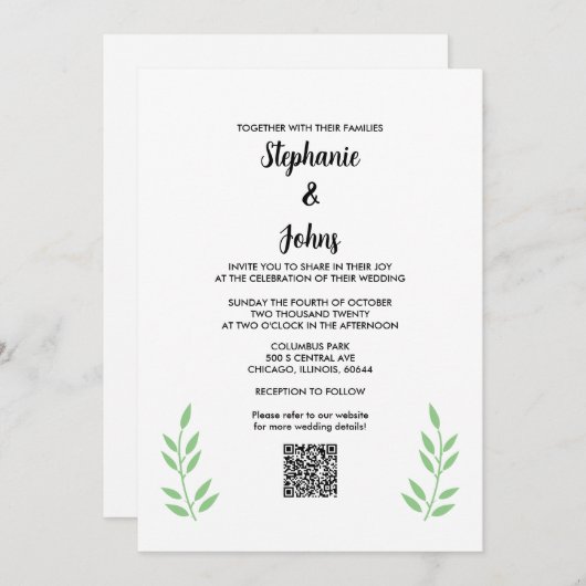 Sage Green 葉 QR Code Black Script 結婚's 招待状 (正面/裏面)