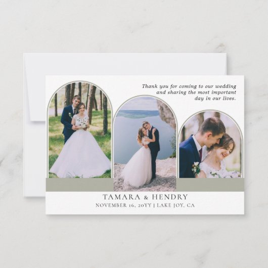 Sage Green 4アーチ写真結婚の書道 サンキューカード (裏面)