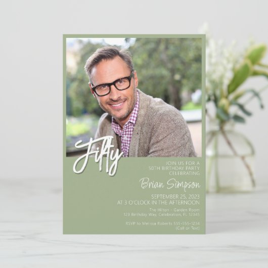 Sage Green 50誕生日写真 招待状 (スタンド正面)