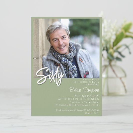 Sage Green 60誕生日写真 招待状 (スタンド正面)