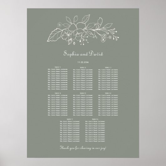 Sage Green 8テーミニマルブルの結婚シーティングチャート ポスター (正面)