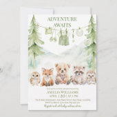 Sage Green Adventure Awaits Woodland Baby Shower 招待状 (正面)