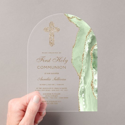 Sage Green Agate First Communion アクリル招待状 (インサイチュ (ポータブル))