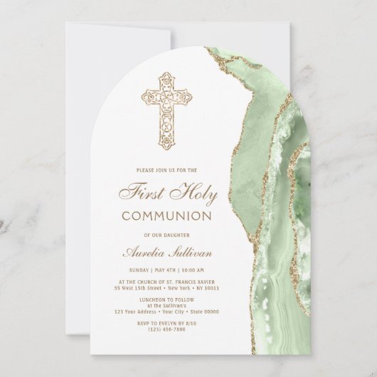 Sage Green Agate First Communion Invitation 招待状 (正面)