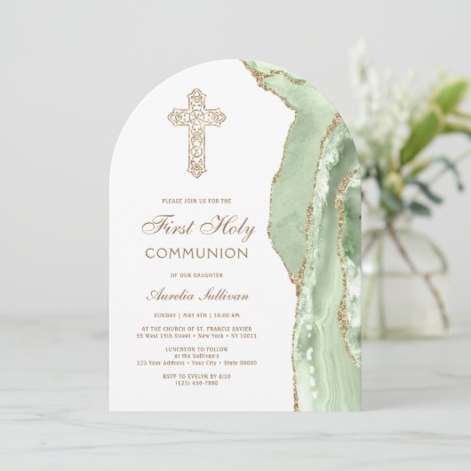 Sage Green Agate First Communion Invitation 招待状 (スタンド正面)