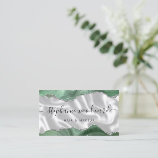 Sage Green Agate Silver Glitter Luxury Stylist 名刺 (スタンド正面)