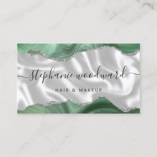 Sage Green Agate Silver Glitter Luxury Stylist 名刺 (正面)