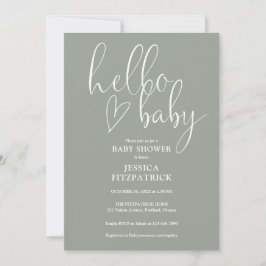 Sage Green All In One QR Code Hello Baby Shower 招待状