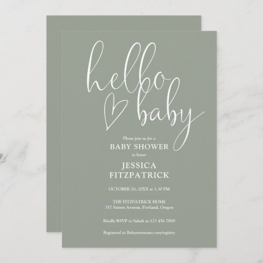 Sage Green All In One QR Code Hello Baby Shower 招待状 (正面/裏面)