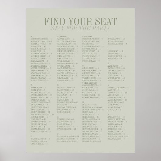 Sage Green Alphabetical Wedding Seating Chart ポスター (正面)