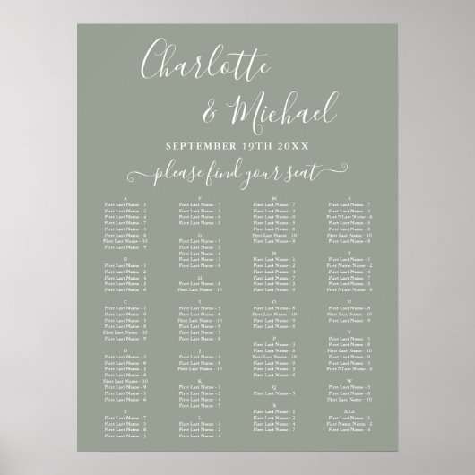 Sage Green Alphabetical Wedding Seating Chart ポスター (正面)