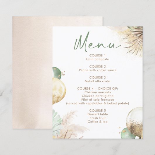 Sage Green and Beige Boho Menu Cards (正面/裏面)