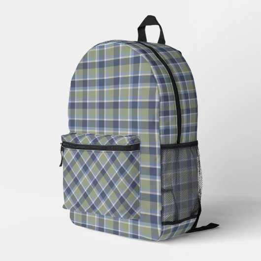 Sage Green and Blue Plaid Pattern プリントバックパック (裏面右端)