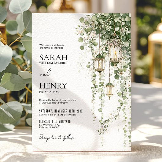 Sage Green and Blush Eucalyptus Lantern Wedding 招待状