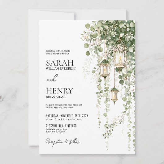 Sage Green and Blush Eucalyptus Lantern Wedding 招待状 (正面)