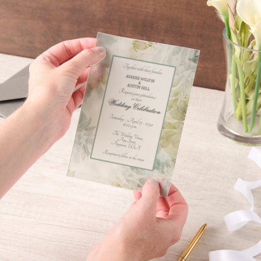Sage Green and Champagne Floral Framed ベラム紙招待状 (ポータブル)
