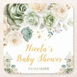 Sage Green and Cream Floral Baby Shower スクエアペーパーコースター