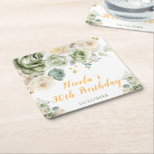 Sage Green and Cream Floral Birthday Party スクエアペーパーコースター (アングル)