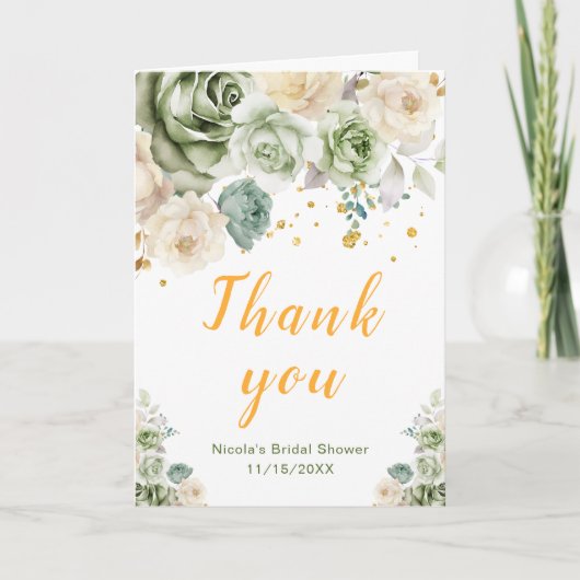 Sage Green and Cream Floral Bridal Shower サンキューカード (正面)