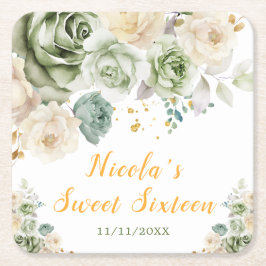 Sage Green and Cream Floral Sweet Sixteen スクエアペーパーコースター