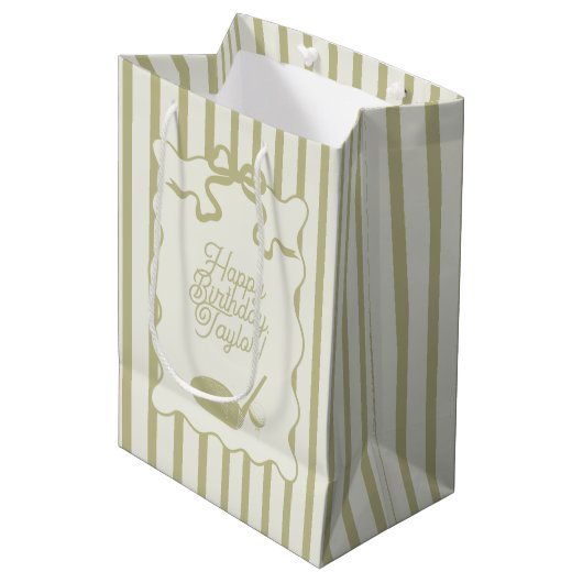 Sage Green and Cream Stripes Golf Personalized ミディアムペーパーバッグ (正面アングル)
