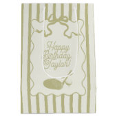 Sage Green and Cream Stripes Golf Personalized ミディアムペーパーバッグ (裏面)