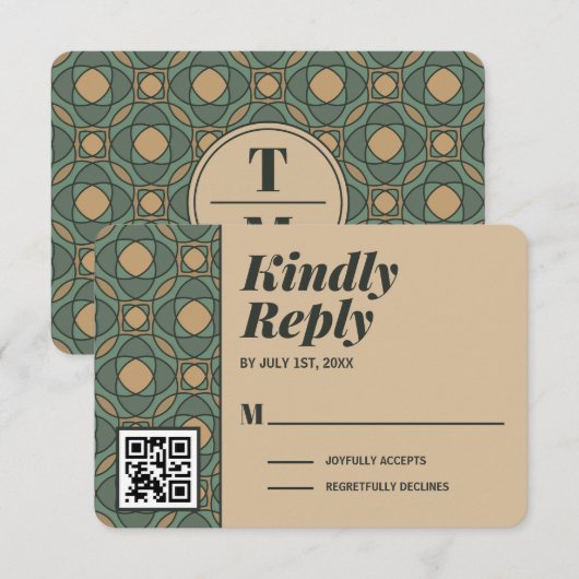 Sage Green and Gold Art Deco RSVP Card QR Code (正面/裏面)