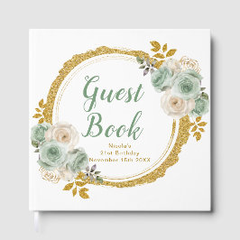 Sage Green and Gold Elegant Flowers Birthday Party ゲストブック