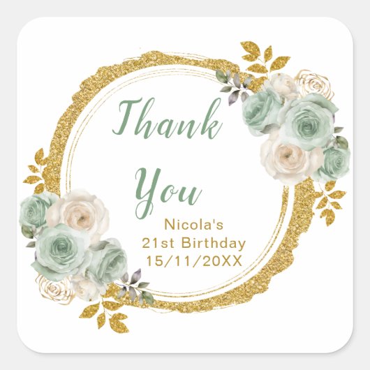 Sage Green and Gold Elegant Flowers Birthday Party スクエアシール (正面)