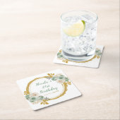 Sage Green and Gold Elegant Flowers Birthday Party スクエアペーパーコースター (インサイチュ)