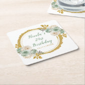 Sage Green and Gold Elegant Flowers Birthday Party スクエアペーパーコースター (アングル)