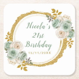 Sage Green and Gold Elegant Flowers Birthday Party スクエアペーパーコースター