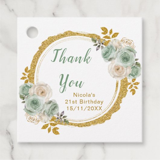 Sage Green and Gold Elegant Flowers Birthday Party フェイバータグ (正面)