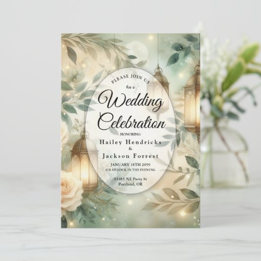 Sage Green and Ivory Rose Lantern Wedding 招待状 (スタンド正面)